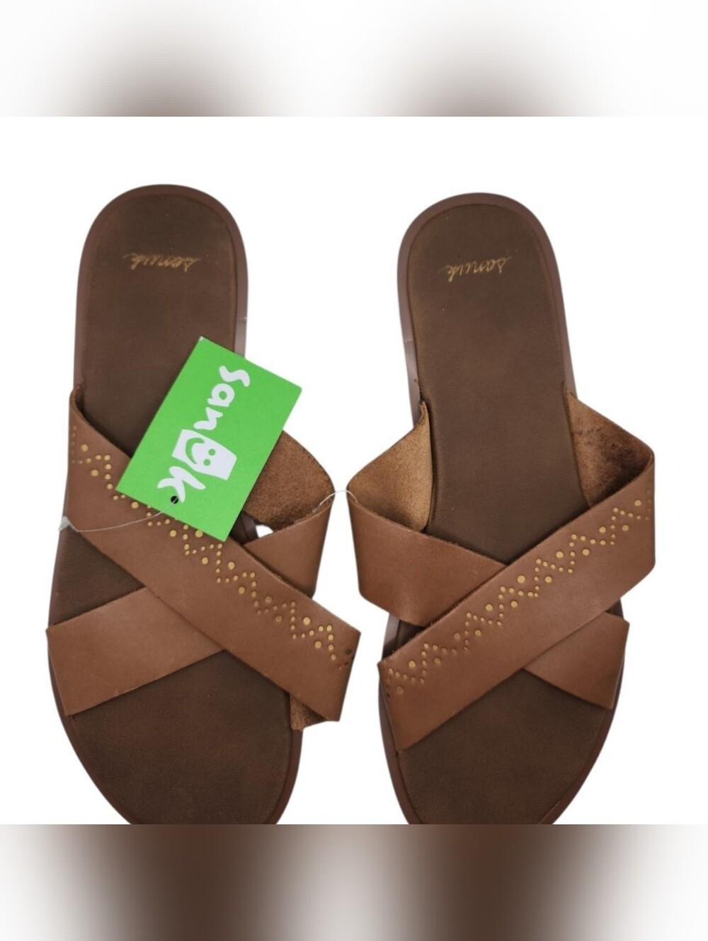 Sanuk Brown Crisscross Slide Sandals with Gold Stud Accents